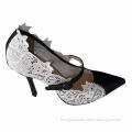 High-fashion Women's Lace/Leather Pump Shoe, Dress Ankle-strap and Leather Outsole and Heel